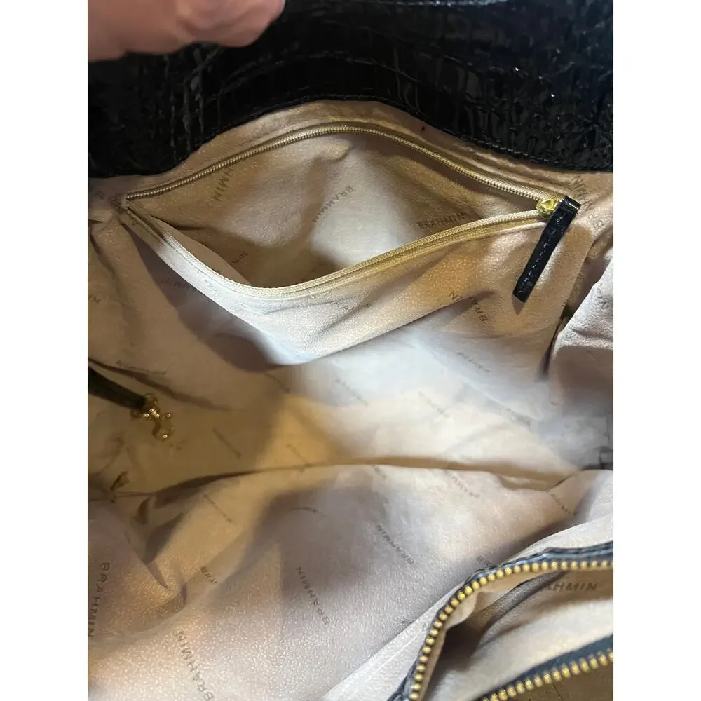 Brahmin Mallory Black Melborne Satchel With Gold Clasp Zipper Pocket EUC